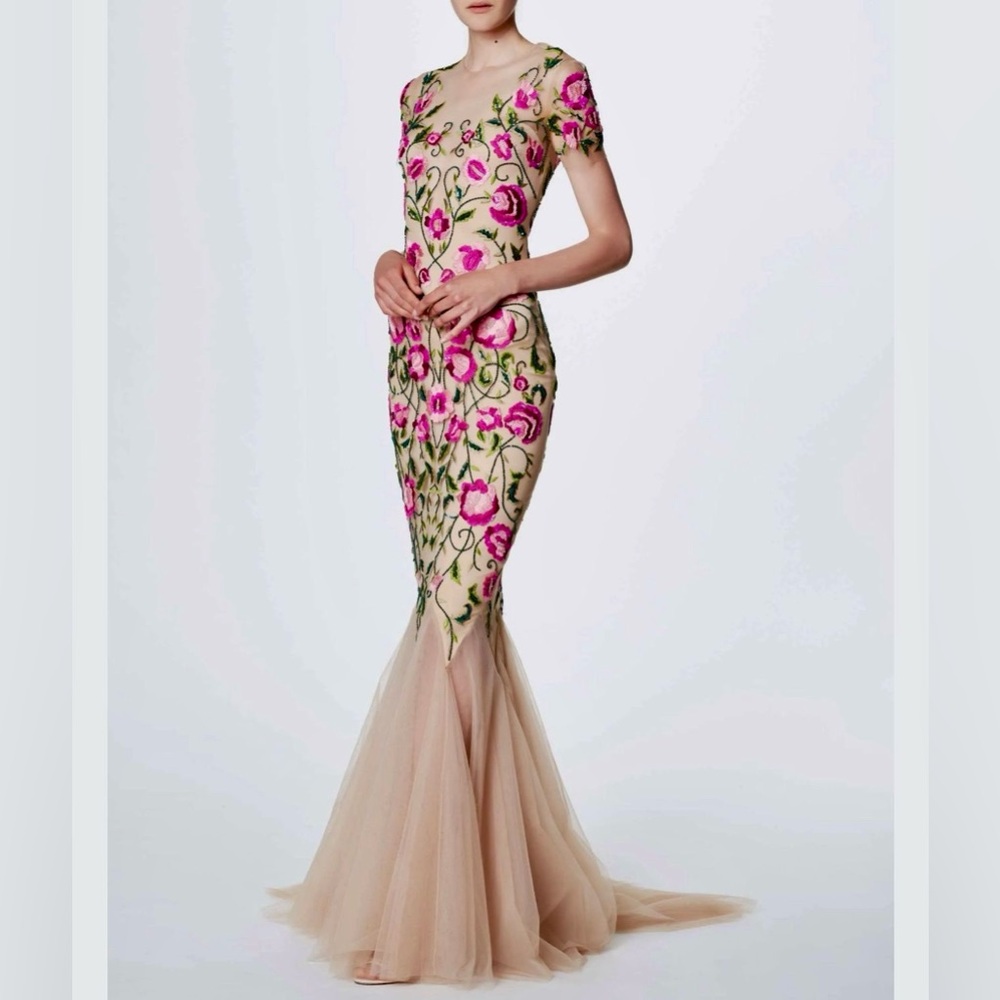 Marchesa Notte floral embroidery gown dress with tulle details size 2